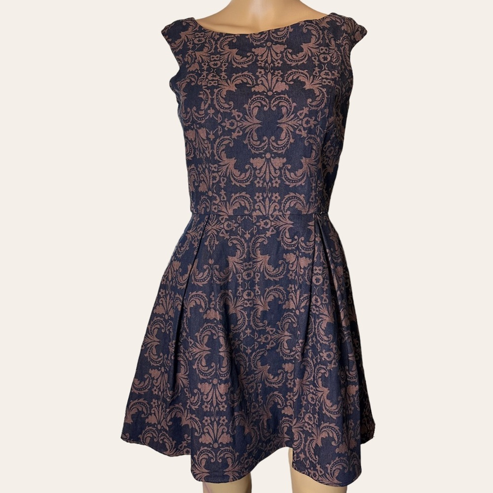 Addie|Fit & Flare Dress|Small|Brown Black|Knee Length|Sleeveless|Pleated|Cotton